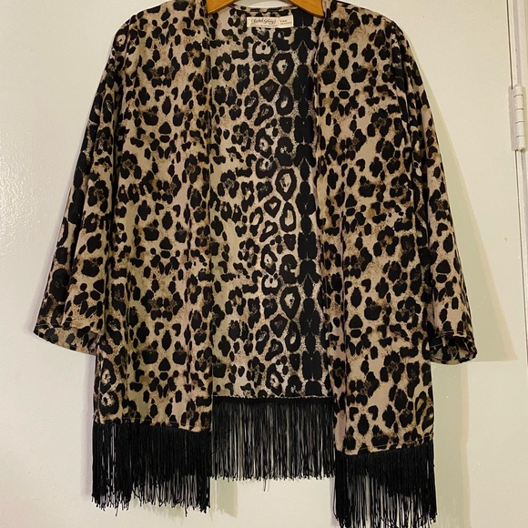 Faded Glory Sweaters - Faded Glory leopard print cardigan with fringe size S